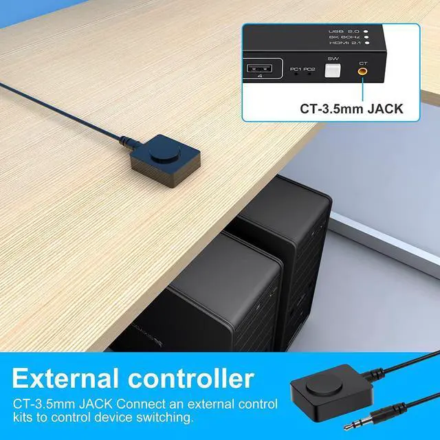Alt view image 4 of 7 - 8K HDMI KVM Switch 2 Port 8K @60Hz, 2 in 1 Out HDMI KVM Switch 4 Port USB 2.0 for 2 Computers 1 Monitor Share Keyboard Mouse Printer Support Wire-Desktop Controller Including 2 USB 2.0 Cable