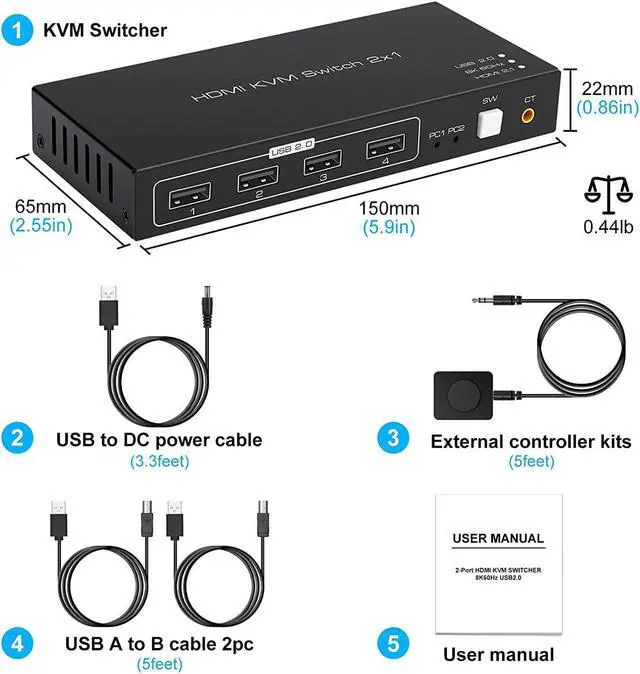 Alt view image 7 of 7 - 8K HDMI KVM Switch 2 Port 8K @60Hz, 2 in 1 Out HDMI KVM Switch 4 Port USB 2.0 for 2 Computers 1 Monitor Share Keyboard Mouse Printer Support Wire-Desktop Controller Including 2 USB 2.0 Cable
