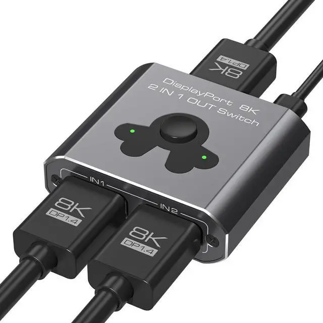 Main image of 2 Port 8K DisplayPort Switch 2 in 1 Out, 2x1 DP 1.4 Switch 8K@60Hz 4K@144Hz 2 in 1 Out Display Port Switcher for Monitors TVs PCs Laptops Projectors etc.