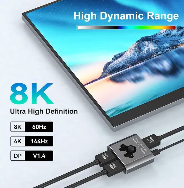 Alt view image 4 of 7 - 2 Port 8K DisplayPort Switch 2 in 1 Out, 2x1 DP 1.4 Switch 8K@60Hz 4K@144Hz 2 in 1 Out Display Port Switcher for Monitors TVs PCs Laptops Projectors etc.