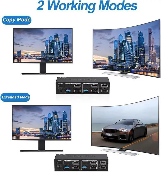 Alt view image 3 of 7 - 8K Displayport Dual Monitor KVM Switch for 2 Monitors 2 Computers 4K@120Hz USB 3.0 KVM Switcher 2 PC or Laptops Share 1 Set of Keyboard Mouse Printer and Scanner Support Extended & Duplicate Mode
