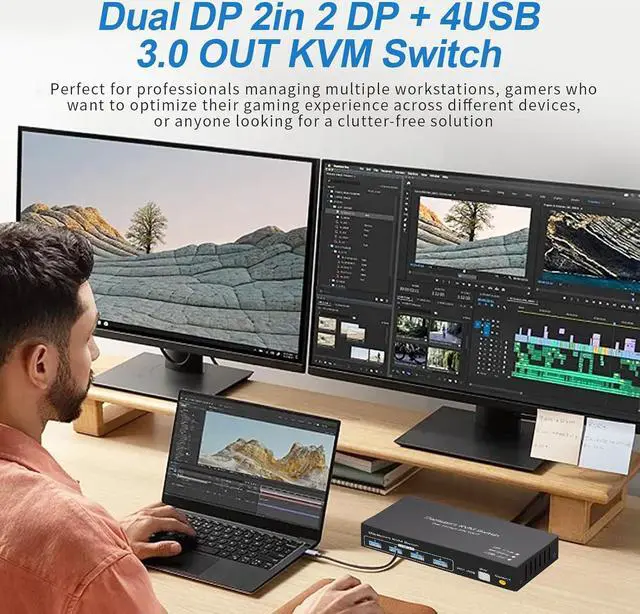 Alt view image 4 of 7 - 8K Displayport Dual Monitor KVM Switch for 2 Monitors 2 Computers 4K@120Hz USB 3.0 KVM Switcher 2 PC or Laptops Share 1 Set of Keyboard Mouse Printer and Scanner Support Extended & Duplicate Mode