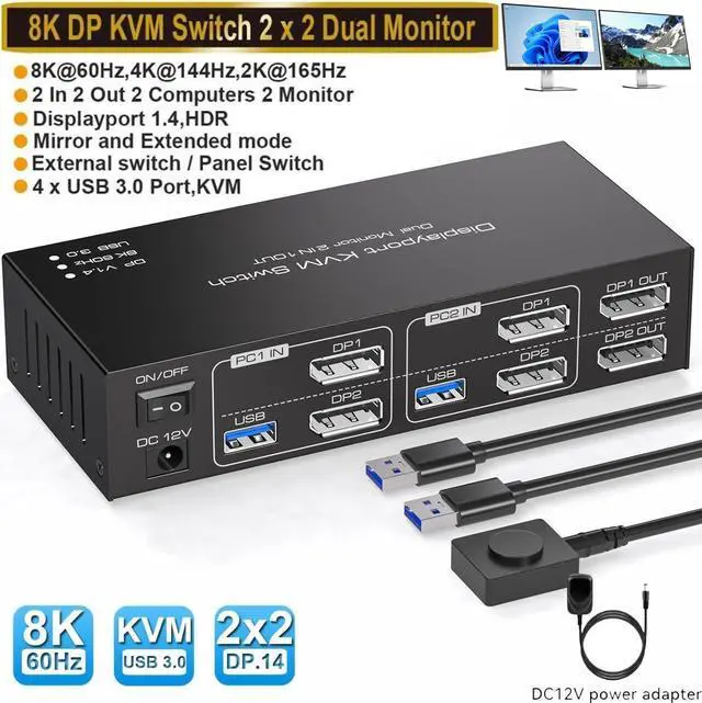 Main image of 8K Displayport Dual Monitor KVM Switch for 2 Monitors 2 Computers 4K@120Hz USB 3.0 KVM Switcher 2 PC or Laptops Share 1 Set of Keyboard Mouse Printer and Scanner Support Extended & Duplicate Mode