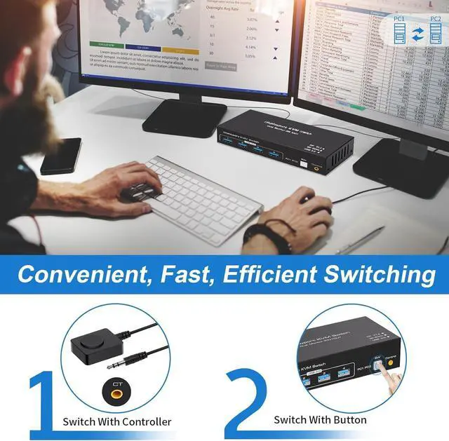 Alt view image 6 of 7 - 8K Displayport Dual Monitor KVM Switch for 2 Monitors 2 Computers 4K@120Hz USB 3.0 KVM Switcher 2 PC or Laptops Share 1 Set of Keyboard Mouse Printer and Scanner Support Extended & Duplicate Mode