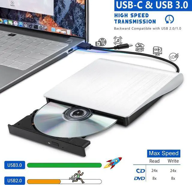Alt view image 2 of 7 - External CD/DVD Drive, 2-in-1 USB 3.0 Type-C CD DVD Burner Portable CD DVD +/-RW Optical Drive Slim CD DVD ROM Rewriter CD/DVD Player Writer Reader for Laptop Desktop PC Windows Linux Mac OS (White)