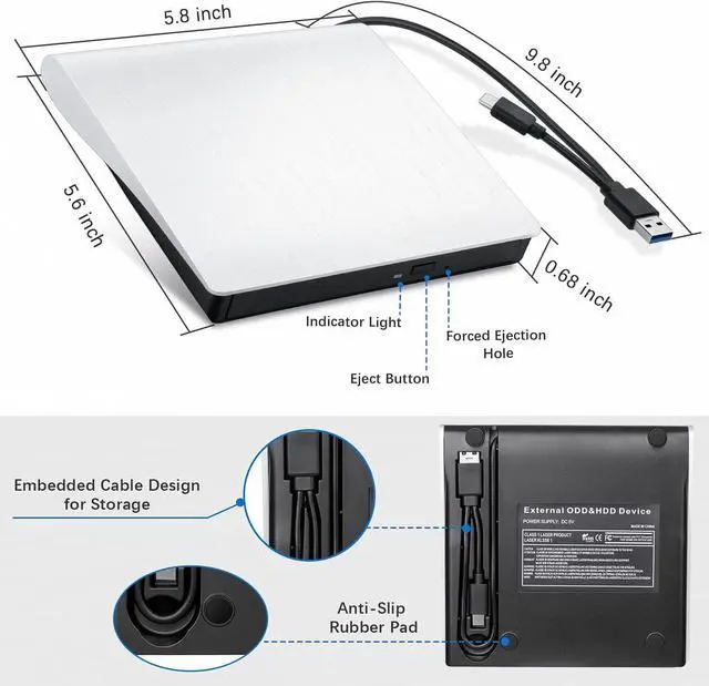 Alt view image 6 of 7 - External CD/DVD Drive, 2-in-1 USB 3.0 Type-C CD DVD Burner Portable CD DVD +/-RW Optical Drive Slim CD DVD ROM Rewriter CD/DVD Player Writer Reader for Laptop Desktop PC Windows Linux Mac OS (White)
