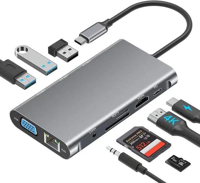 Main image of USB C Hub Multiport Type C Docking Station Adapter, 10-in-1 USB C Dongle with 4K HDMI,VGA,1000M Ethernet, 3 USB 3.0 Ports,100W PD,SD/TF Card Reader, 3.5mm Aux,for MacBook Pro 2023/2022, Laptop eokCXOY