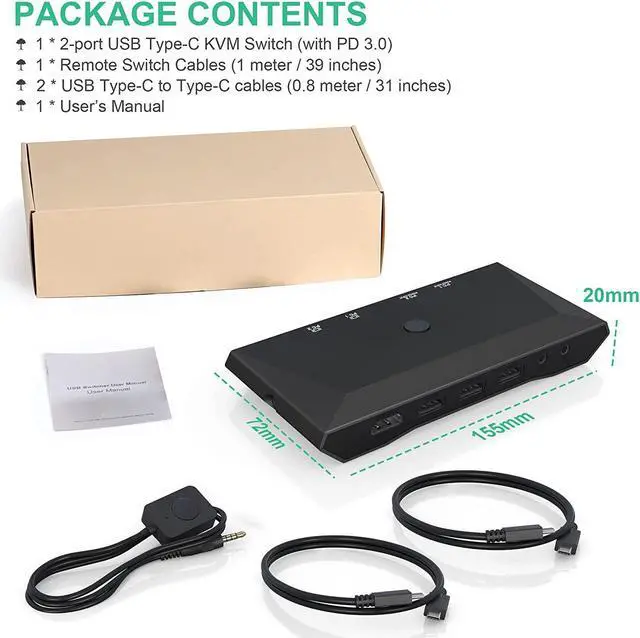 Alt view image 7 of 7 - USB C KVM Switcher 4K @60Hz, 2 in 1 Out Type-C KVM Switch for 2 Computers Share 1 HDMI Monitor + 3 USB Input + 2 PD 60W Input + Audio Microphone Output, USB C KVM with 2 USB-C Cables and Wired Remote