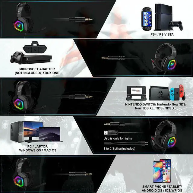 Alt view image 7 of 7 - 3.5mm K10 Gaming Headset RGB LED Headphones With Mic for PC Laptop PS4 Slim Pro Xbox One