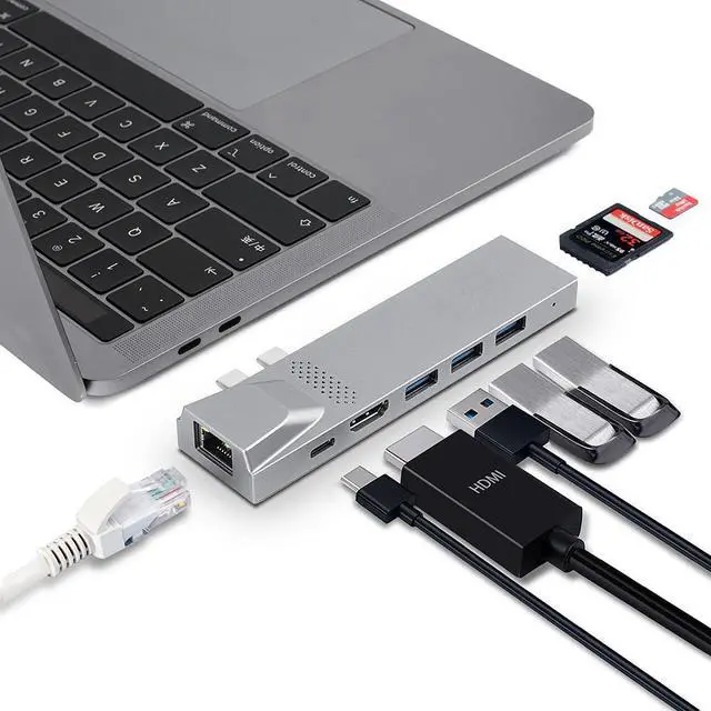 Alt view image 5 of 7 - 8 IN 1 Aluminium Type C HUB USB C Charging Adapter Thunderbolt Hub 3-ports usb3.0+SD/TF Card Reader+USB C Thunderbolt+HDMI+RJ45 Gigabit LAN for Macbook Pro 13",Macbook Pro 15",Macbook AIR(Dual Jack)