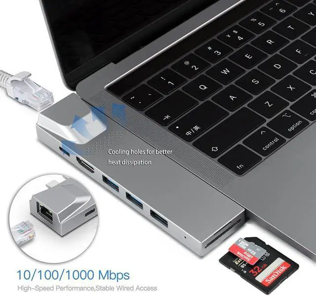 Alt view image 3 of 7 - 8 IN 1 Aluminium Type C HUB USB C Charging Adapter Thunderbolt Hub 3-ports usb3.0+SD/TF Card Reader+USB C Thunderbolt+HDMI+RJ45 Gigabit LAN for Macbook Pro 13",Macbook Pro 15",Macbook AIR(Dual Jack)