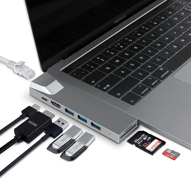 Alt view image 6 of 7 - 8 IN 1 Aluminium Type C HUB USB C Charging Adapter Thunderbolt Hub 3-ports usb3.0+SD/TF Card Reader+USB C Thunderbolt+HDMI+RJ45 Gigabit LAN for Macbook Pro 13",Macbook Pro 15",Macbook AIR(Dual Jack)