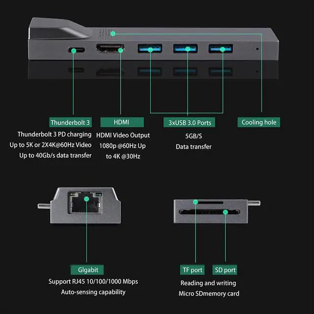 Alt view image 2 of 7 - 8 IN 1 Aluminium Type C HUB USB C Charging Adapter Thunderbolt Hub 3-ports usb3.0+SD/TF Card Reader+USB C Thunderbolt+HDMI+RJ45 Gigabit LAN for Macbook Pro 13",Macbook Pro 15",Macbook AIR(Dual Jack)