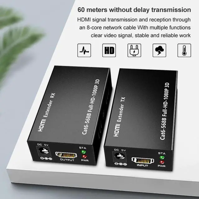 Alt view image 5 of 7 - 1080P HDMI Extender In-Line Transmitter/Receiver over Dual Cat5/Cat6 Extender Kit for Video/Audio,1920x1080 (1080p) @ 60Hz HDMI to rj45 60m/196ft Max Signal Amplifier