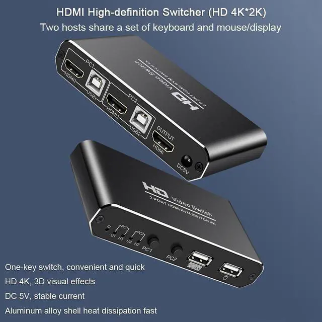 Alt view image 3 of 7 - 1Pcs 2X1 HDMI KVM Switch Monitor Swich UHD 4K@30Hz 2 In 1 Out Hotkey Switch with 2 Pcs 4.9ft KVM Cables Supports Mechanical and Multimedia Keyboard &Mouse USB 2.0 Devices