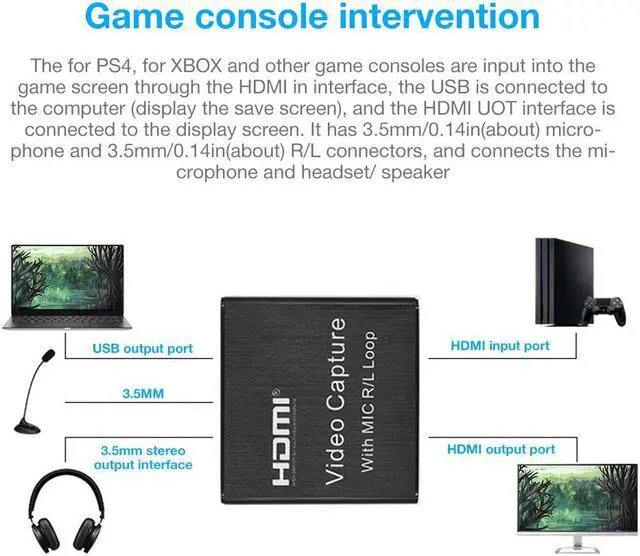 Alt view image 5 of 7 - 4K Video Capture Card with HDMI Loop 3.5mm R/L Stereo/MIC Output HD 1080P Broadcast Live, Game Capture Cards HDMI to USB , Record via DSLR, Camcorder, Camera, PS4, Xbox one, Wii U, Nintendo Switch