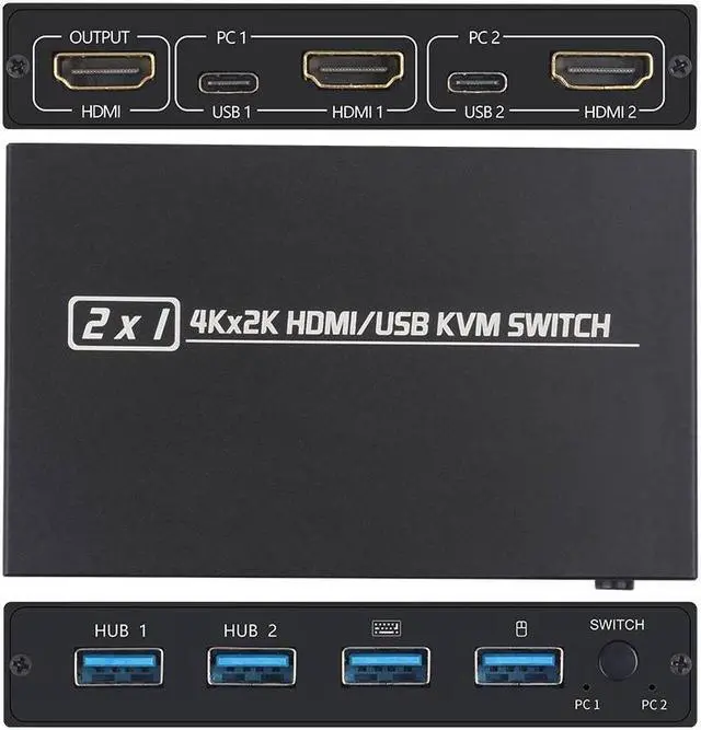 Alt view image 6 of 7 - 4K@30HZ USB HDMI KVM Switcher USB 2.0 Switch Splitter For 2 PC Sharing 4 Keyboard Mouse Printer Plug And Play