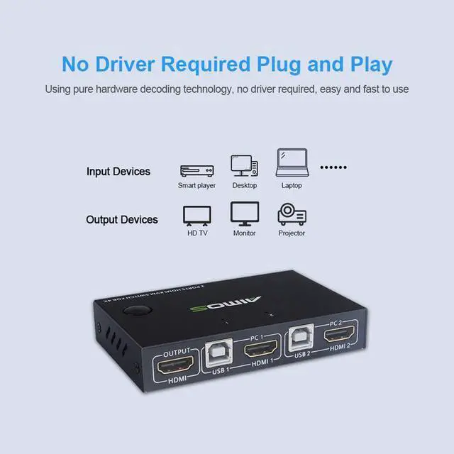 Alt view image 5 of 7 - HDMI KVM Switcher 4K@30Hz 2 In 1 Out KVM Switcher Keyboard Mouse USB Shared Display Synchronization Controller USB KVM Switch