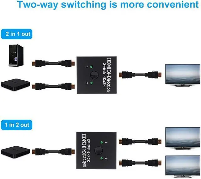 Alt view image 3 of 7 - 4K HDMI Bi-Directional Switch Splitter Converters Full HD 1080P HDMI Video Two-way 1x2/2x1 Switcher One Key 1 in 2 Out Amplifier Splitter Adapter