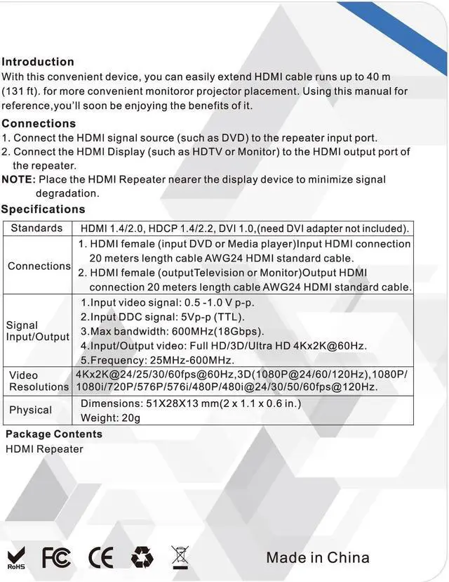 Alt view image 5 of 5 - HDMI 2.0 Extender Repeater HDMI 2.0 Signal Amplifier 4K@60HZ 3D HD HDMI-compatible Extension Female-to-Female Up to 40 m (131 ft)