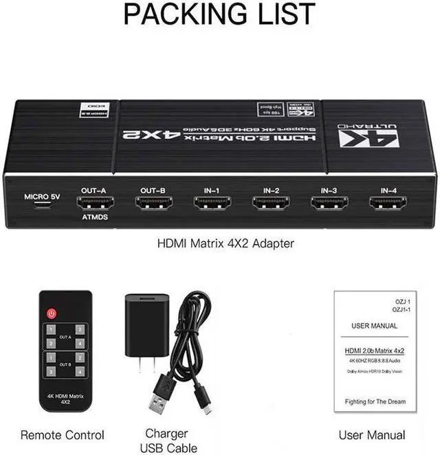 Alt view image 7 of 7 - 4*2 HDMI Switch Splitter 4 in 2 out 4K@60HZ HDMI 1.4 Matrix 4X2 Dual Audio Output Optical SPDIF 3.5mm L/R 3D Support EDID with Remote Switch Controller