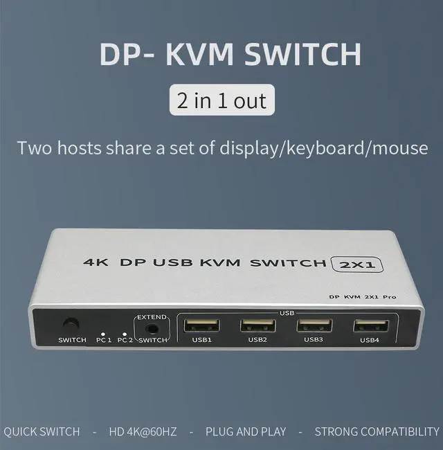 Alt view image 3 of 7 - 2 Ports Displayport KVM Switch Displayport USB Displayport KVM 144Hz DP Switcher 4KX2K/60Hz 2K/144Hz Displayport 2 in 1 out Displayport USB KVM Switcher 2 Desktop PC hosts Sharing Keyboard Mouse