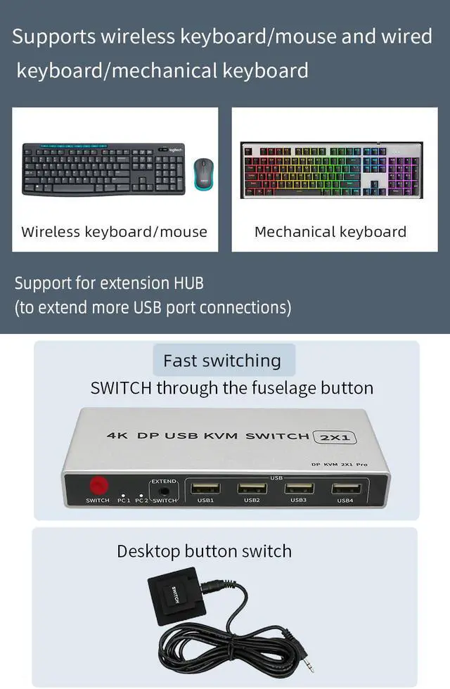 Alt view image 4 of 7 - 2 Ports Displayport KVM Switch Displayport USB Displayport KVM 144Hz DP Switcher 4KX2K/60Hz 2K/144Hz Displayport 2 in 1 out Displayport USB KVM Switcher 2 Desktop PC hosts Sharing Keyboard Mouse