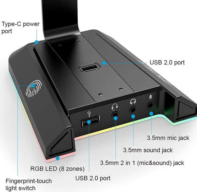 Alt view image 2 of 7 - Gaming Headset Stand Holder, Aluminum RGB 7.1 Surround Sound Headphone Headset Stand Holder Hanger Hook with USB Charger and 3.5mm AUX Port Universal