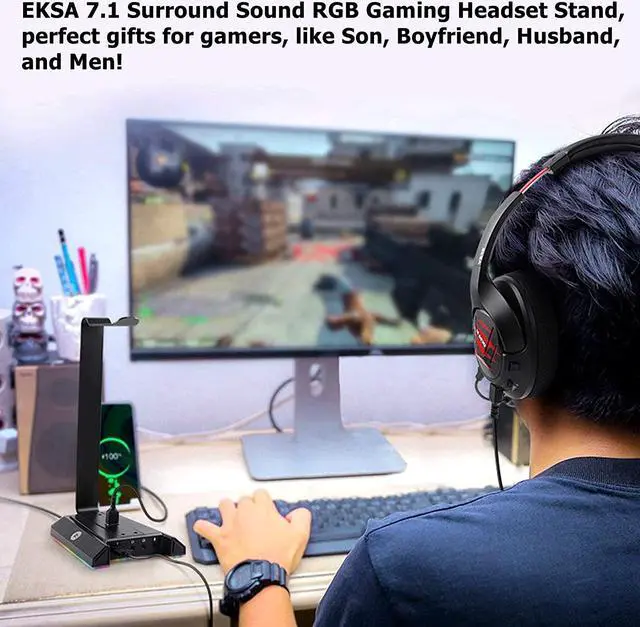 Alt view image 7 of 7 - Gaming Headset Stand Holder, Aluminum RGB 7.1 Surround Sound Headphone Headset Stand Holder Hanger Hook with USB Charger and 3.5mm AUX Port Universal