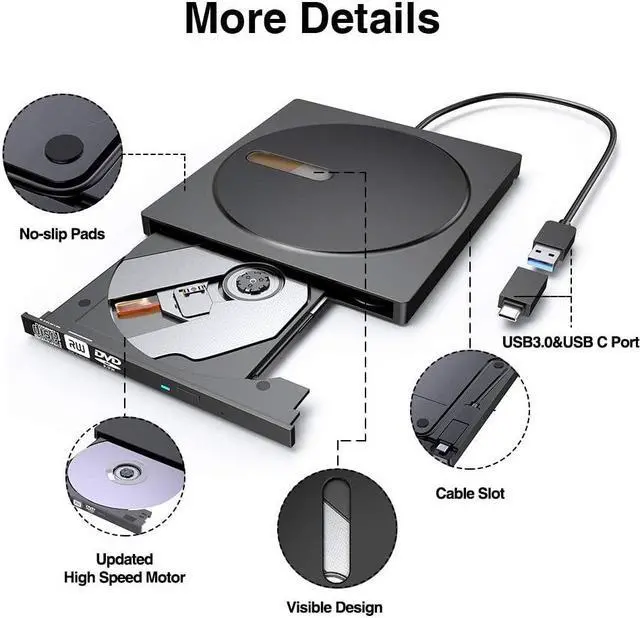 Alt view image 2 of 7 - External CD DVD Drive, USB 3.0 Type C Ultra-Slim Superdrive Optical Burner Writer Player CD DVD +/- RW, Compatible with Windows 10 8 7 XP Vista Mac OS System for Mac Pro Air iMac Laptop