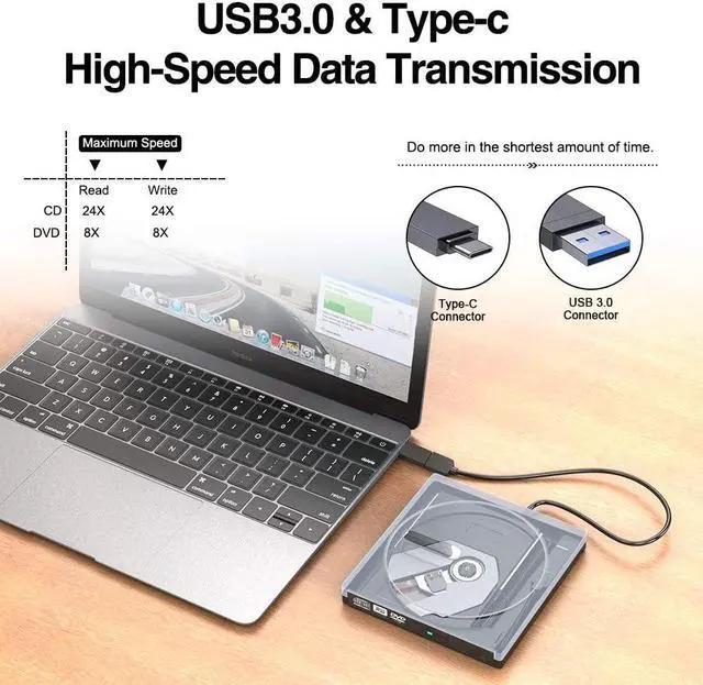Alt view image 4 of 7 - External CD DVD Drive, USB 3.0 Type C Ultra-Slim Superdrive Optical Burner Writer Player CD DVD +/- RW, Compatible with Windows 10 8 7 XP Vista Mac OS System for Mac Pro Air iMac Laptop