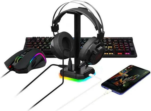 Alt view image 4 of 7 - RGB Headset Stand with 4 USB 2.0 HUB Ports Headphone Holder 10 RGB Lighting Modes Frame for Gamers Gaming computer PC Desk