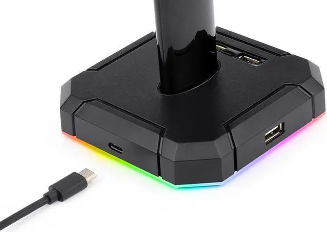 Alt view image 6 of 7 - RGB Headset Stand with 4 USB 2.0 HUB Ports Headphone Holder 10 RGB Lighting Modes Frame for Gamers Gaming computer PC Desk