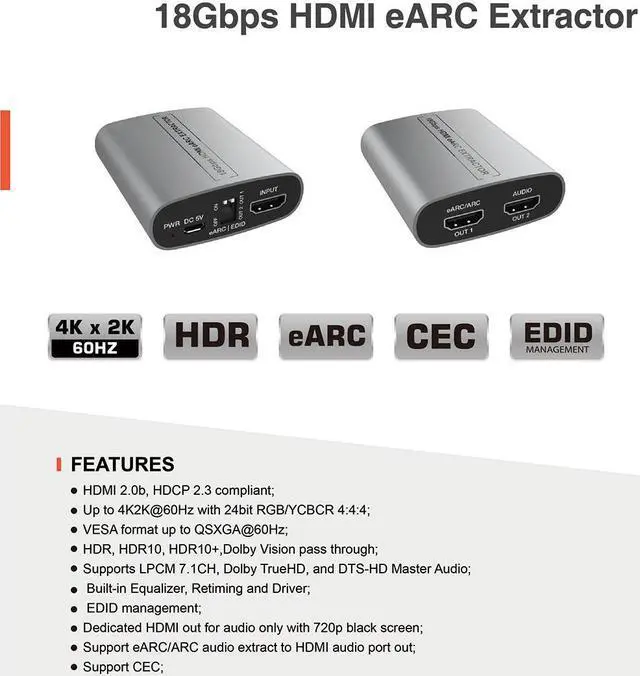 Alt view image 6 of 6 - HDMI eARC Audio Extractor ARC eARC Loop & Audio Extractor HDMI 2.0 4K2K@60Hz 18Gbps Video Bandwidth EDID Management Splitters for Amplifier Soundbar Speaker HDTV