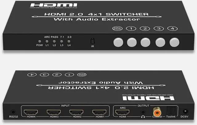 Main image of HDMI 2.0 Switch 4K@60HZ HD 4 Port HDMI Switcher 4 In 1 out Audio Separation with 3.5mm Analog Audio Digital Fiber Coaxial Port Remote Control