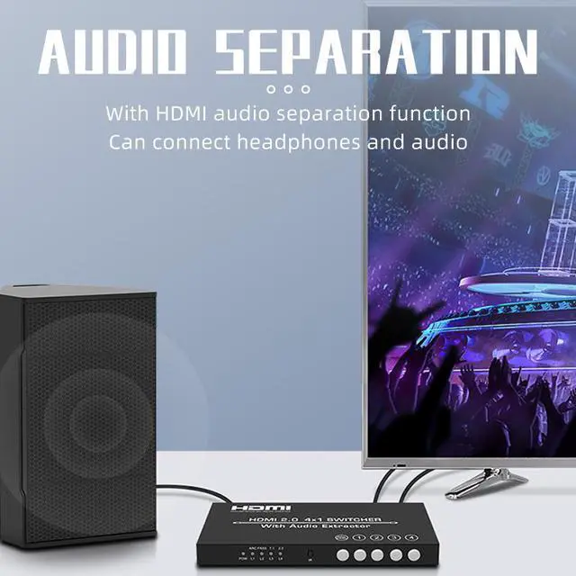 Alt view image 3 of 7 - HDMI 2.0 Switch 4K@60HZ HD 4 Port HDMI Switcher 4 In 1 out Audio Separation with 3.5mm Analog Audio Digital Fiber Coaxial Port Remote Control
