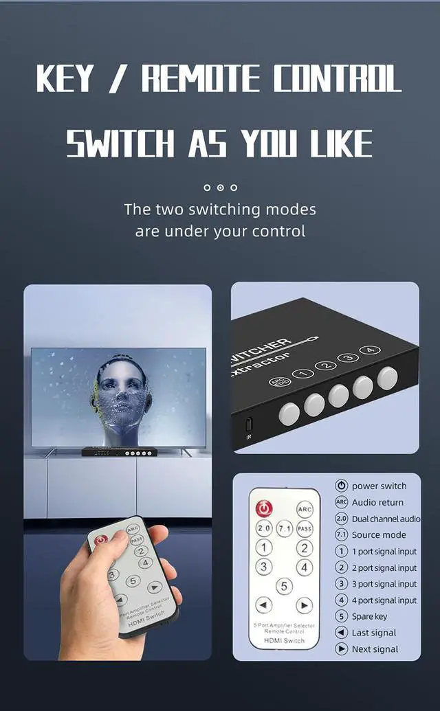 Alt view image 7 of 7 - HDMI 2.0 Switch 4K@60HZ HD 4 Port HDMI Switcher 4 In 1 out Audio Separation with 3.5mm Analog Audio Digital Fiber Coaxial Port Remote Control