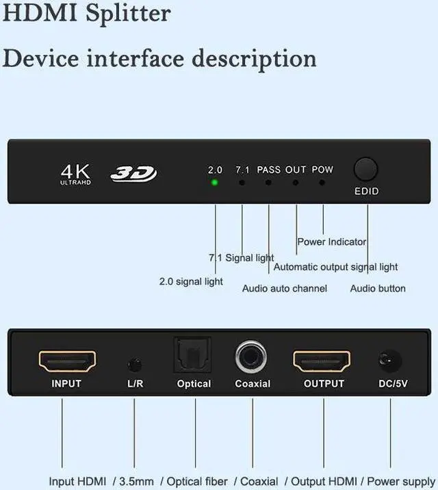 Alt view image 4 of 7 - 4K@30HZ HDMI Audio Extractor Splitter HDMI 2CH/7.1 CH Audio Output 3D EDID Digital / Analog Audio Extraction
