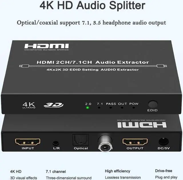 Alt view image 2 of 7 - 4K@30HZ HDMI Audio Extractor Splitter HDMI 2CH/7.1 CH Audio Output 3D EDID Digital / Analog Audio Extraction