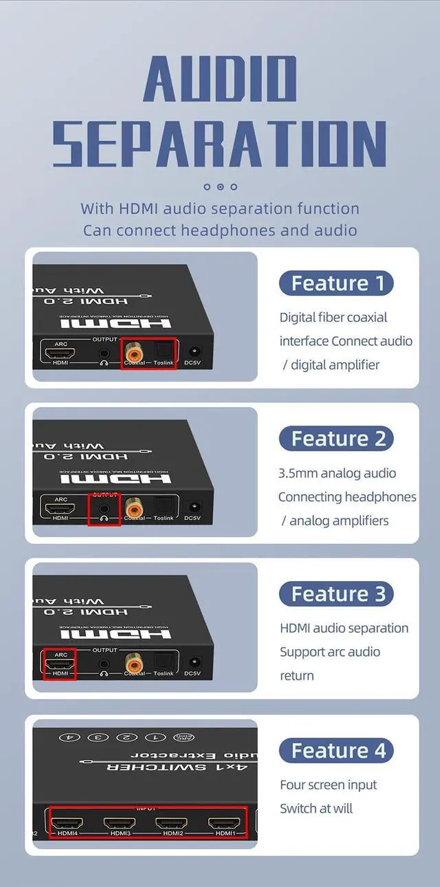 Alt view image 6 of 7 - HDMI 2.0 Switch 4K@60HZ HD 4 Port HDMI Switcher 4 In 1 out Audio Separation with 3.5mm Analog Audio Digital Fiber Coaxial Port Remote Control