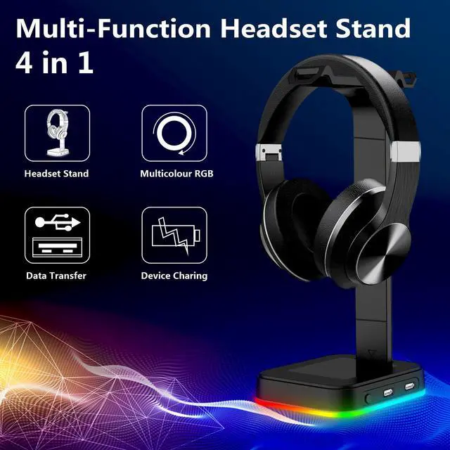 Alt view image 6 of 7 - Headphones RGB Stand Hub with 2 USB 2.0 Ports ABS Desktop Stand Holder For Gaming Headset