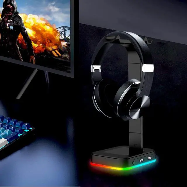 Alt view image 7 of 7 - Headphones RGB Stand Hub with 2 USB 2.0 Ports ABS Desktop Stand Holder For Gaming Headset