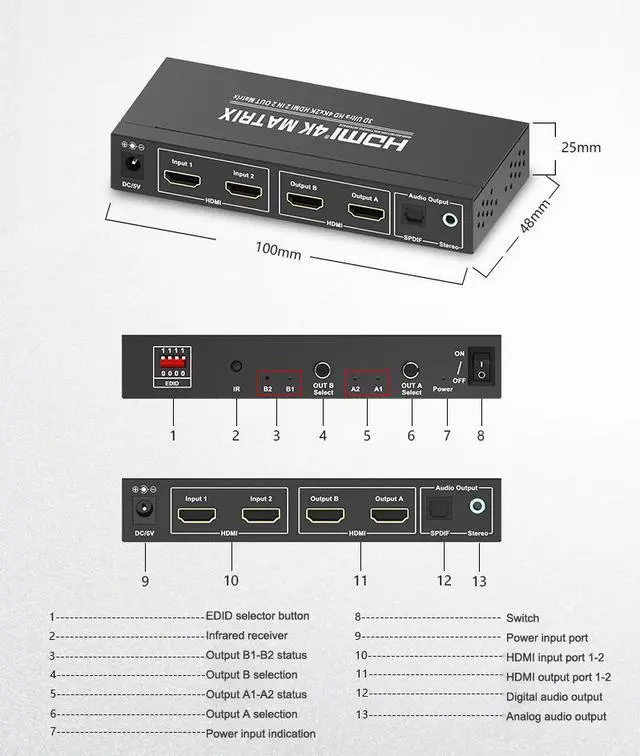 Alt view image 3 of 7 - 4K*2K@60Hz 2x2 HDMI Matrix Switcher 4K HDMI Video Switch SPDIF Stereo Audio Extractor Adapter 3D Switcher 2 in 2 Out HDMI Splitter for PS4/PS3 TV Box