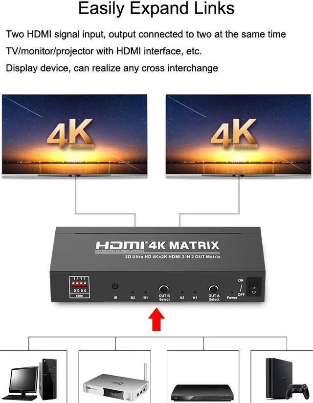 Alt view image 4 of 7 - 4K*2K@60Hz 2x2 HDMI Matrix Switcher 4K HDMI Video Switch SPDIF Stereo Audio Extractor Adapter 3D Switcher 2 in 2 Out HDMI Splitter for PS4/PS3 TV Box