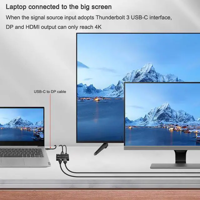 Alt view image 7 of 7 - 8K Displayport to HDMI + DP Splitter DP to HDMI Converter DP 8K@30Hz 4K@120Hz High speed 32.4Gbps for (DP HD) Dual Port Simultaneous Displays Support SST and MST eokCXOY
