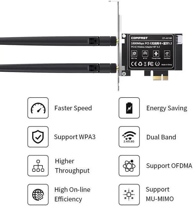 Alt view image 5 of 7 - High Speed Wifi 6 PCI-E Wireless Adapter Dual Band 1800Mbps 801.ax Network Card Bluetooth 5.2 With Extended Base Only for Win10/11 64bit