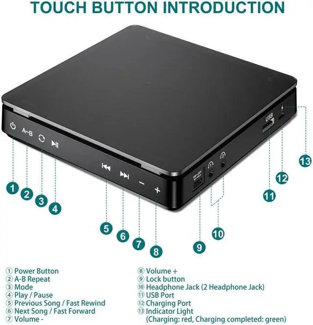 Alt view image 3 of 7 - Portable CD Player Double Headphone Version 3.5mm Jack Contact Button Reproductor CD Walkman Rechargeable Shockproof LCD Display