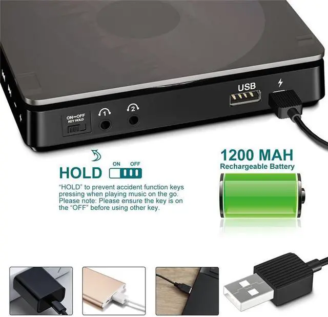 Alt view image 4 of 7 - Portable CD Player Double Headphone Version 3.5mm Jack Contact Button Reproductor CD Walkman Rechargeable Shockproof LCD Display