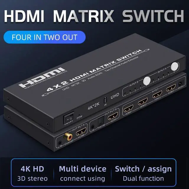Alt view image 2 of 7 - HDMI 2.0 Matrix 4x2 HIFI with 3D Audio EDID HDMI Matrix Switcher 4 in 2 out Audio Extractor 4KHDMI Switcher Splitter