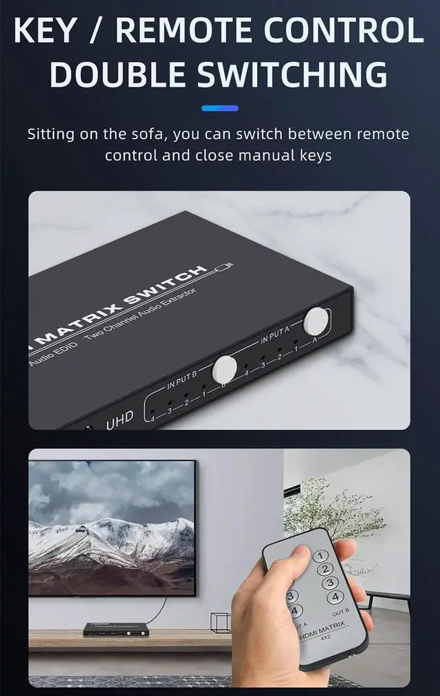Alt view image 7 of 7 - HDMI 2.0 Matrix 4x2 HIFI with 3D Audio EDID HDMI Matrix Switcher 4 in 2 out Audio Extractor 4KHDMI Switcher Splitter